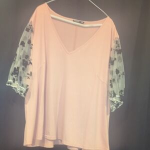 SHEIN Blush Pink V-Neck Top with Floral Sheer Sleeves